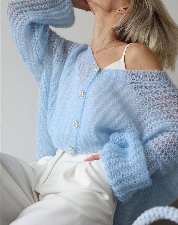 Marjolein | Cardigan Bleu Clair avec Boutons Perle