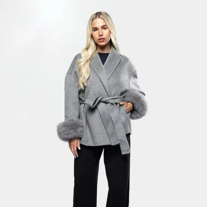 Dames Wollen Jas met Ceintuur en Faux Fur Manchetten
