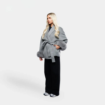 Dames Wollen Jas met Ceintuur en Faux Fur Manchetten