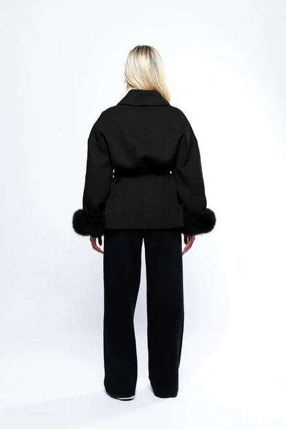 Dames Wollen Jas met Ceintuur en Faux Fur Manchetten