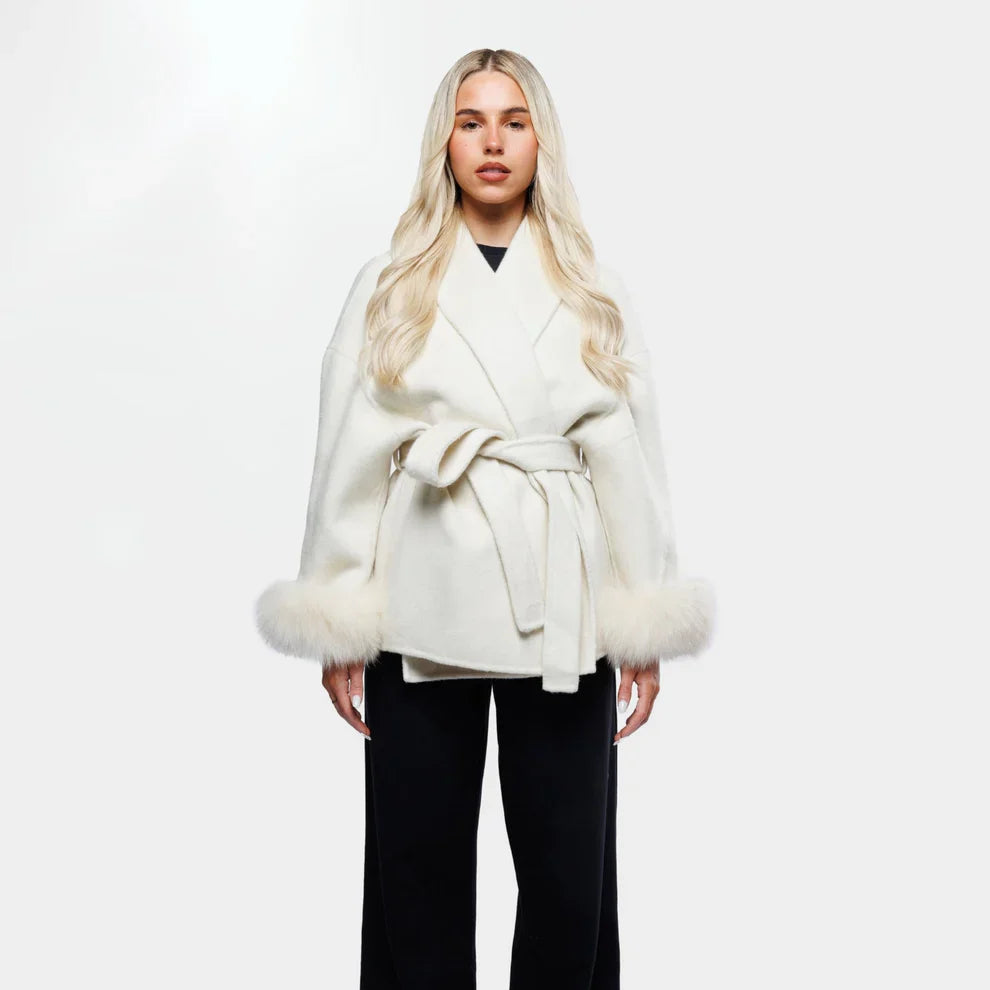 Dames Wollen Jas met Ceintuur en Faux Fur Manchetten