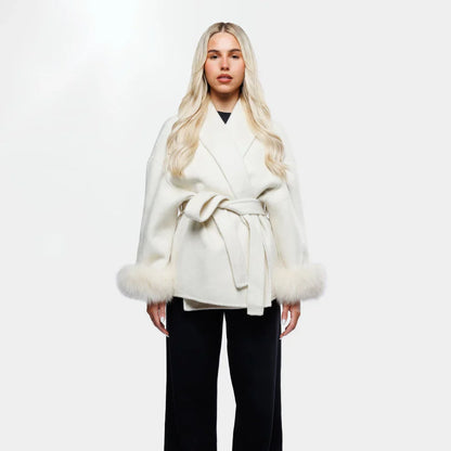 Dames Wollen Jas met Ceintuur en Faux Fur Manchetten