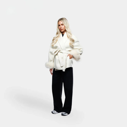 Dames Wollen Jas met Ceintuur en Faux Fur Manchetten