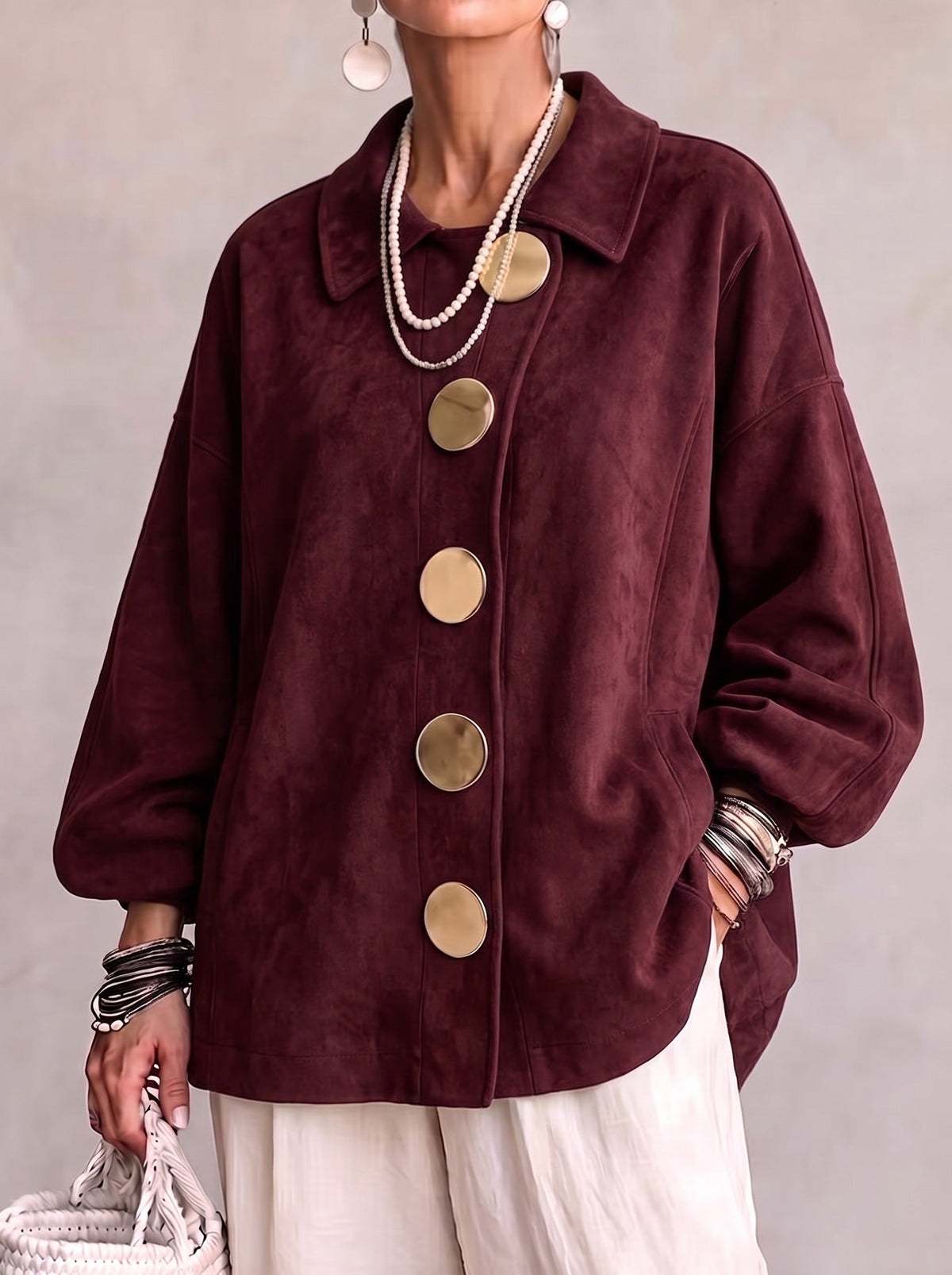 Luchtige Suède Look Dames Shacket met Asymmetrische Knoopsluiting