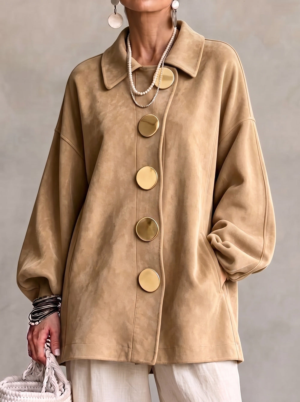 Luchtige Suède Look Dames Shacket met Asymmetrische Knoopsluiting