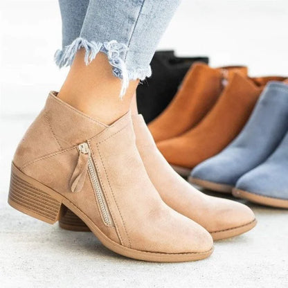 Trendy Dames Enkellaarsjes In Suède Look met Lage Blokhak