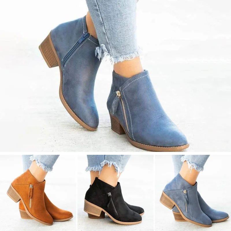 Trendy Dames Enkellaarsjes In Suède Look met Lage Blokhak