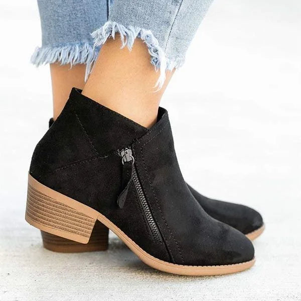 Trendy Dames Enkellaarsjes In Suède Look met Lage Blokhak