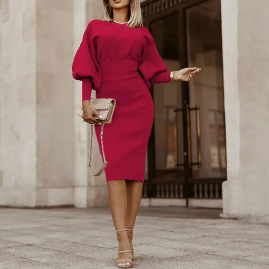 Stijlvolle Dames Midi Jurk met Pofmouwen en Hoge Taille