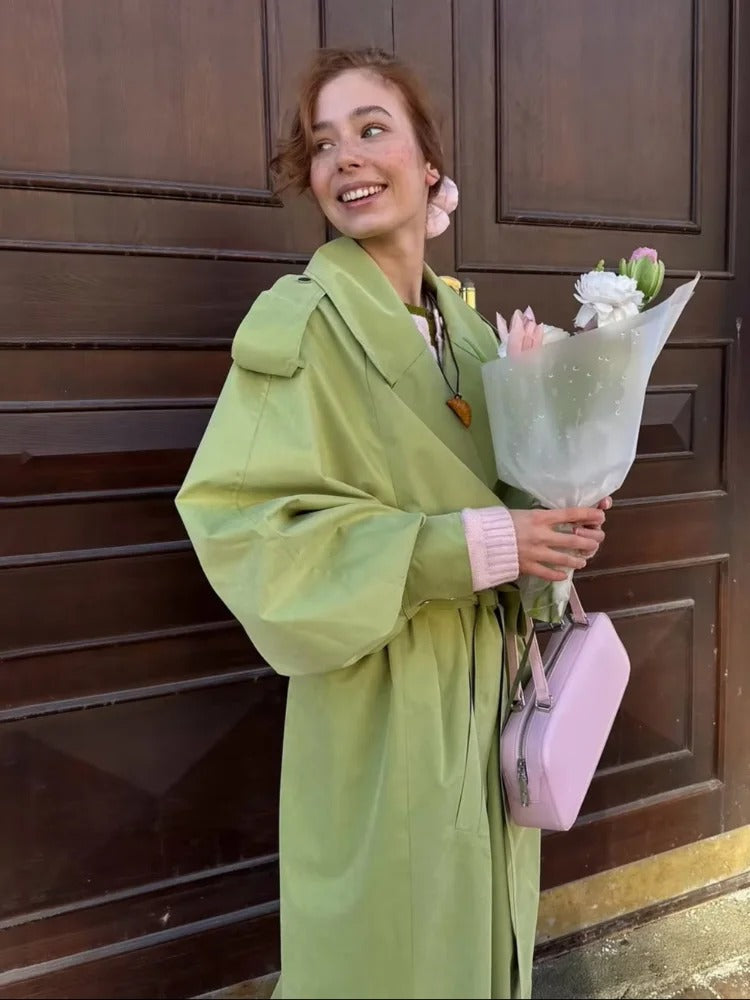 Lange Oversized Groene Dames Trenchcoat met Ceintuur