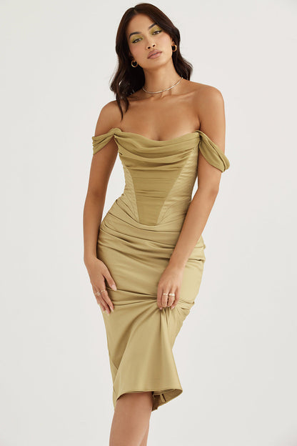 Teela | Midi Jurk met Gedrapeerd Lijfje