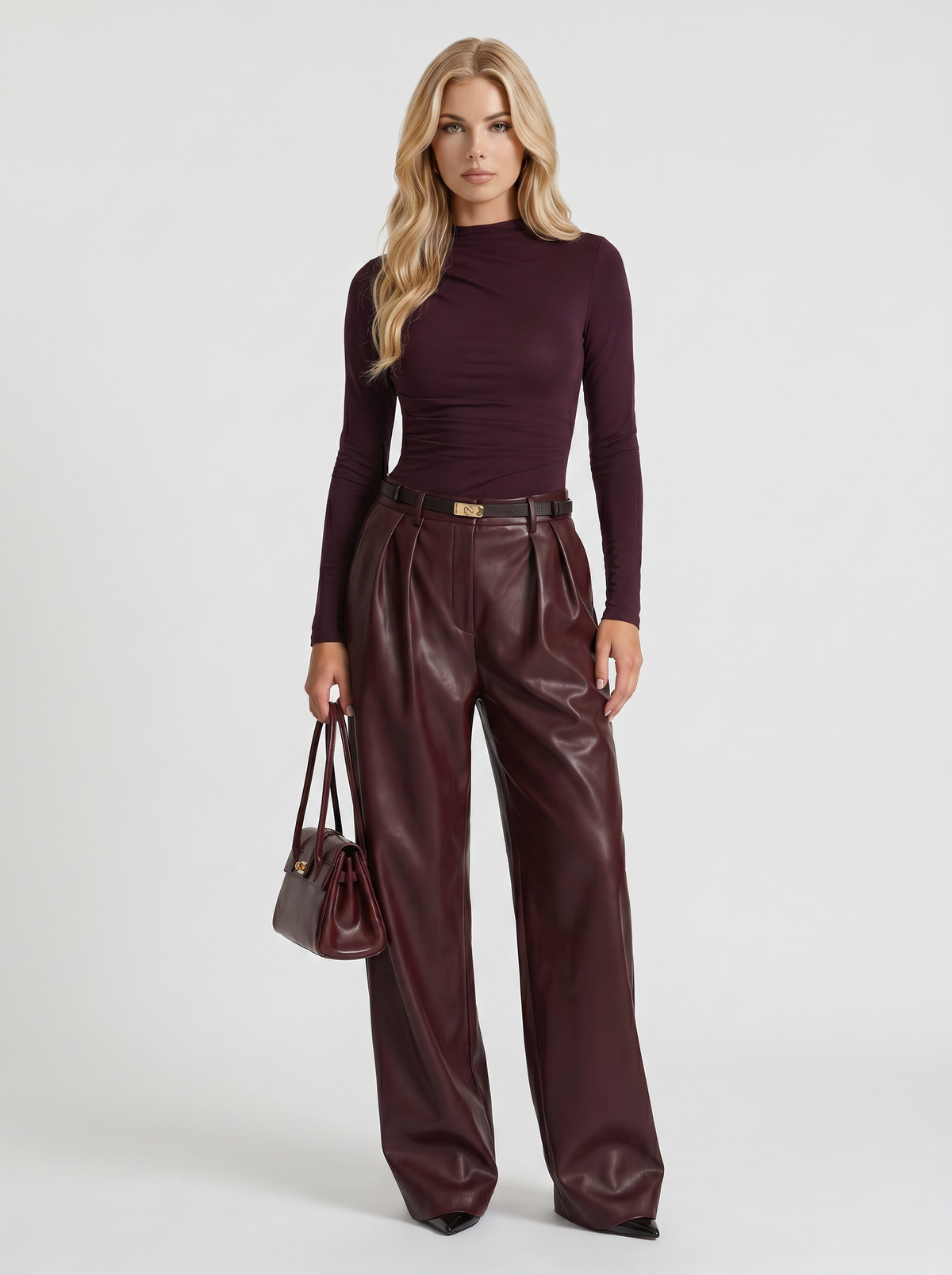 Women's High Waisted Belted Faux Leather Wide Leg Pants - Burgundy