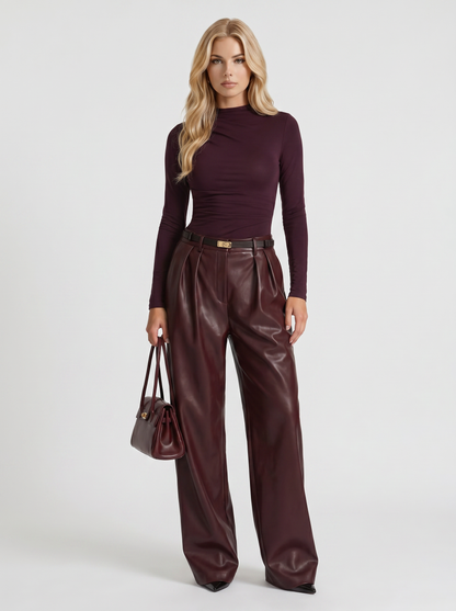 Women's High Waisted Belted Faux Leather Wide Leg Pants - Burgundy