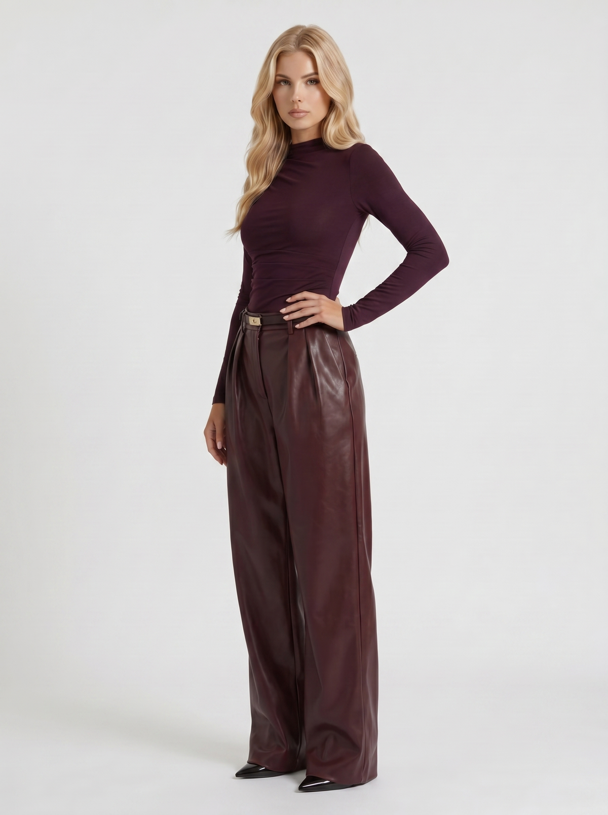 Women's High Waisted Belted Faux Leather Wide Leg Pants - Burgundy