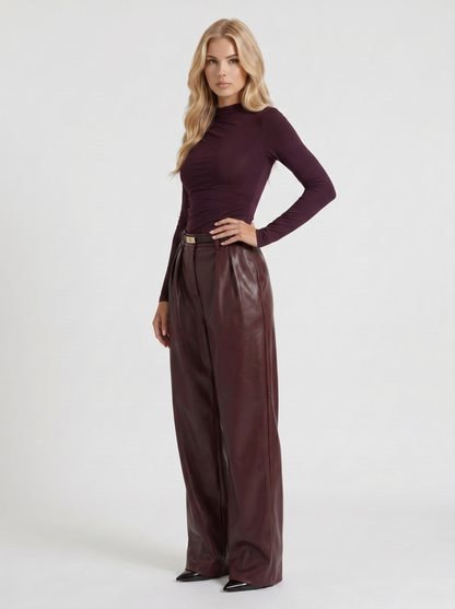 Women's High Waisted Belted Faux Leather Wide Leg Pants - Burgundy