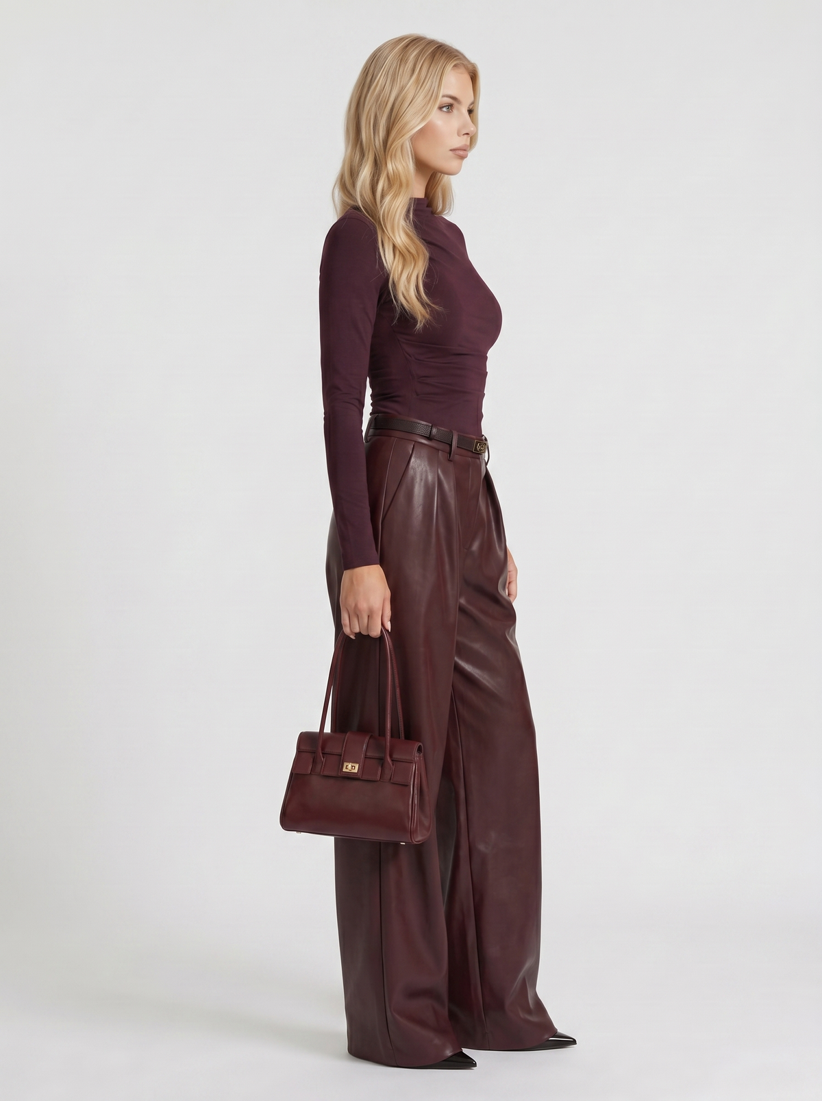 Women's High Waisted Belted Faux Leather Wide Leg Pants - Burgundy