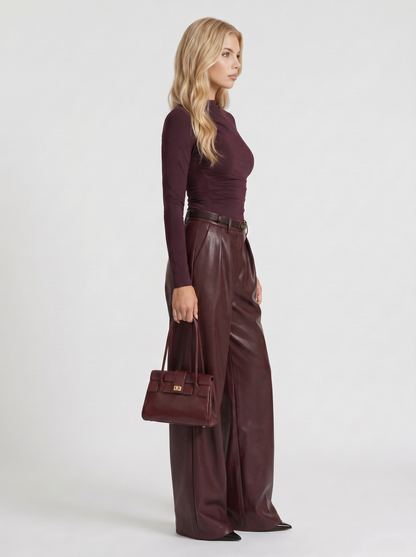 Women's High Waisted Belted Faux Leather Wide Leg Pants - Burgundy