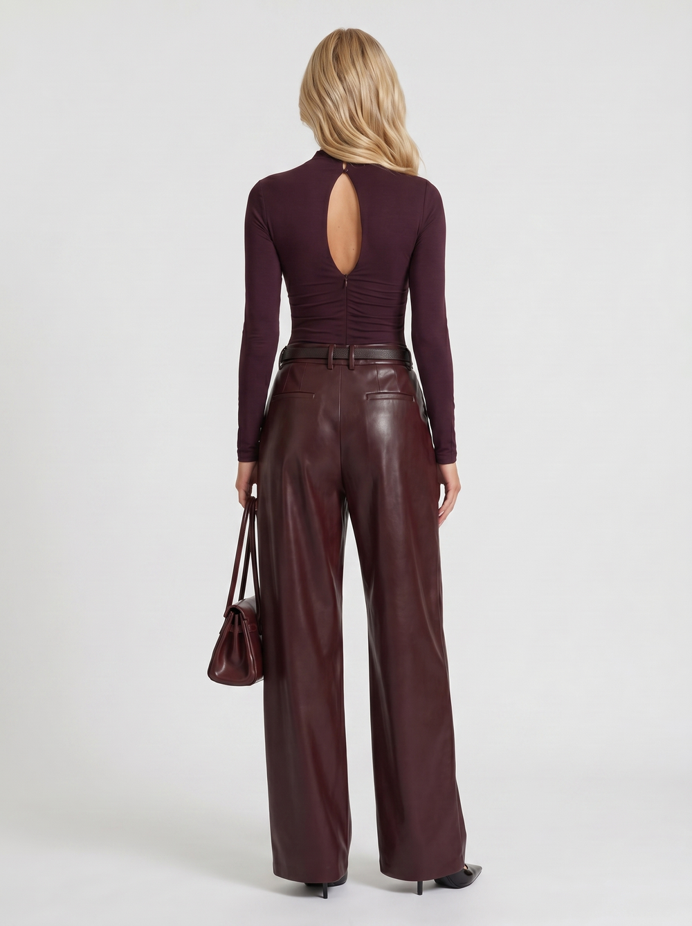 Women's High Waisted Belted Faux Leather Wide Leg Pants - Burgundy