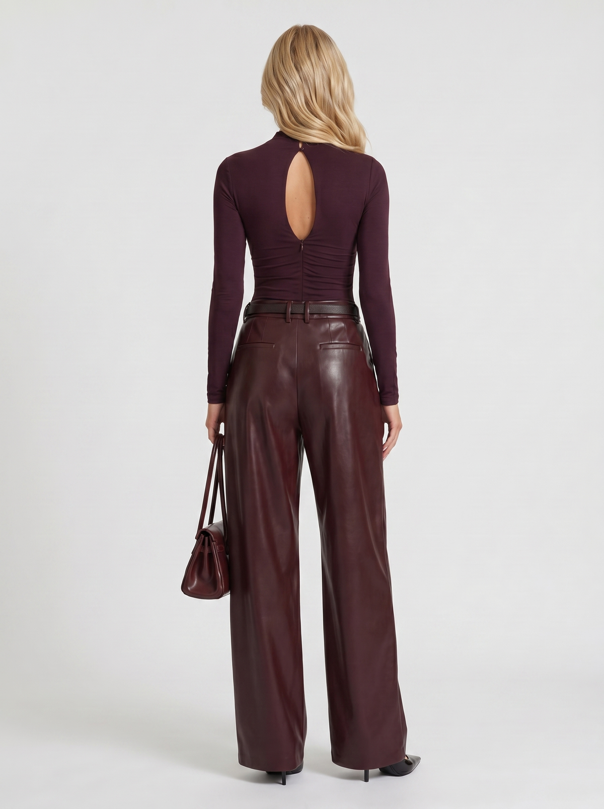 Women's High Waisted Belted Faux Leather Wide Leg Pants - Burgundy