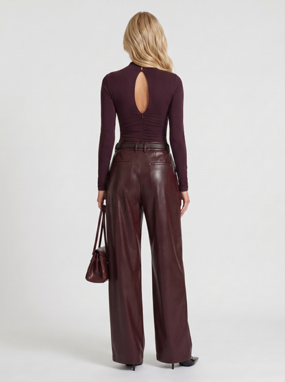Women's High Waisted Belted Faux Leather Wide Leg Pants - Burgundy