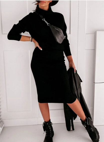 Ensemble tricoté élégant pour femmes avec col roulé et jupe midi