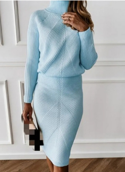 Ensemble tricoté élégant pour femmes avec col roulé et jupe midi