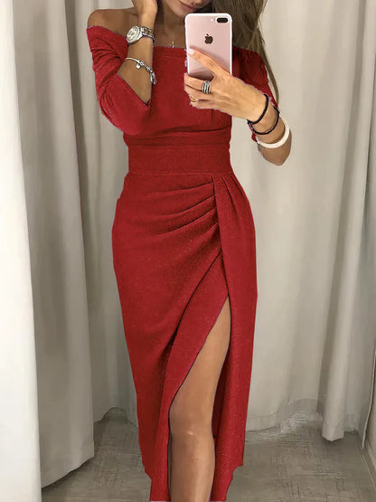 Livia | Off-Shoulder Midi-jurk met Hoge Split