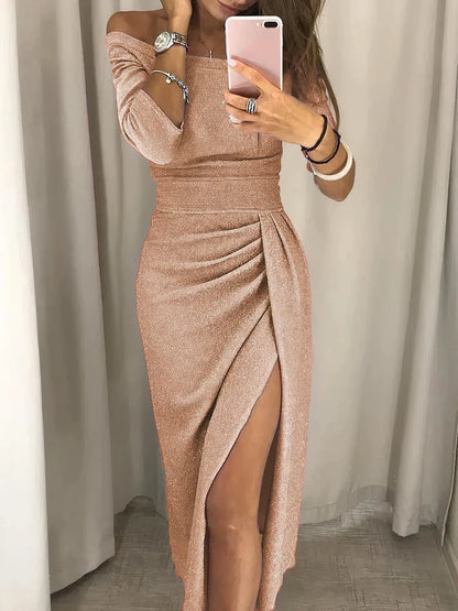 Livia | Off-Shoulder Midi-jurk met Hoge Split