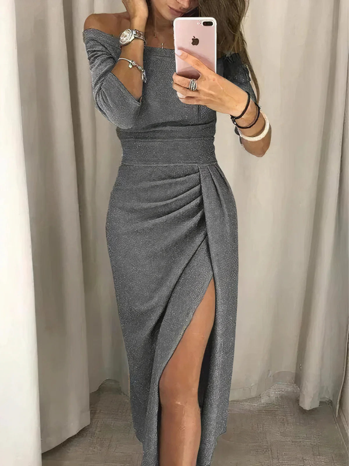 Livia | Off-Shoulder Midi-jurk met Hoge Split