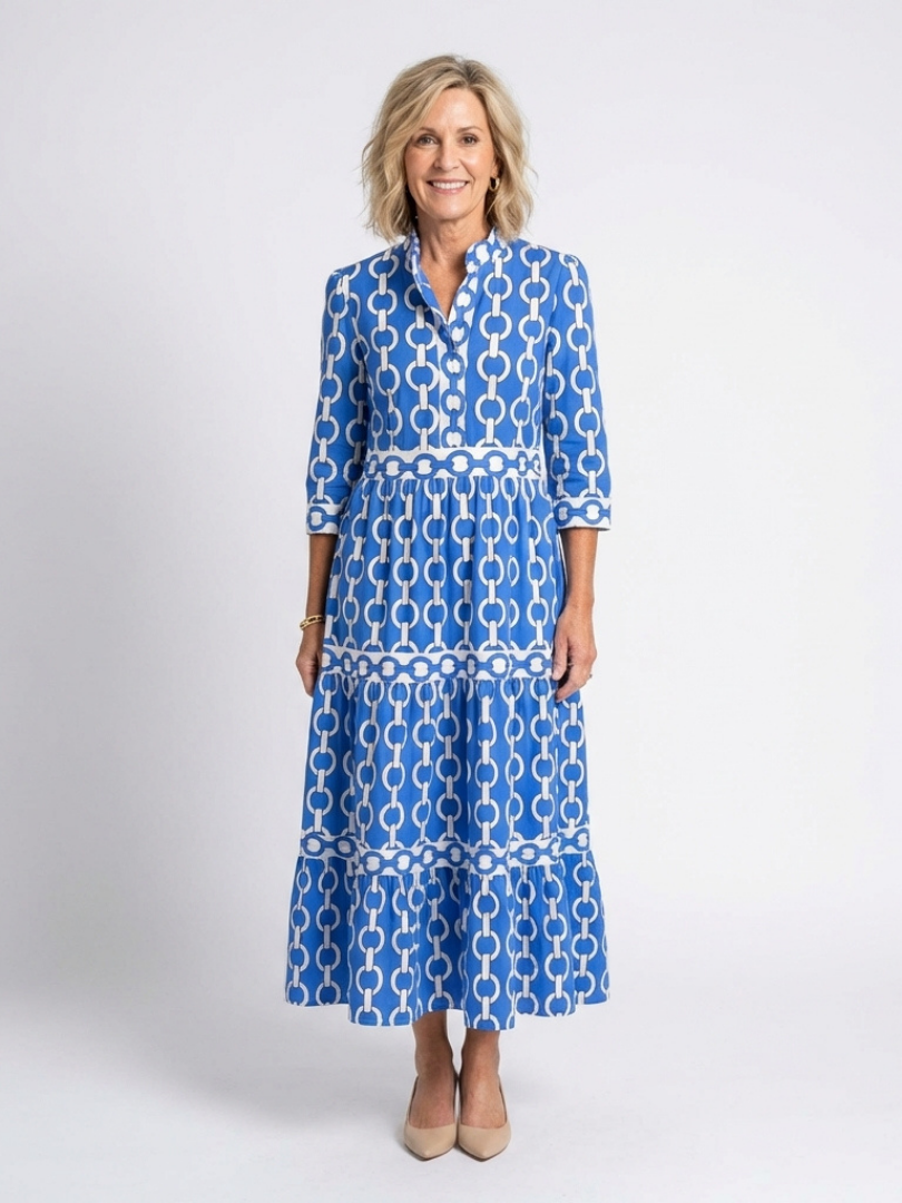 Octavienne | Women's Chain Print 3/4 Sleeve Midi Dress - Blue - Image 1