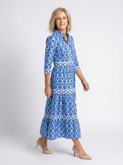 Octavienne | Women's Chain Print 3/4 Sleeve Midi Dress - Blue - Image 2