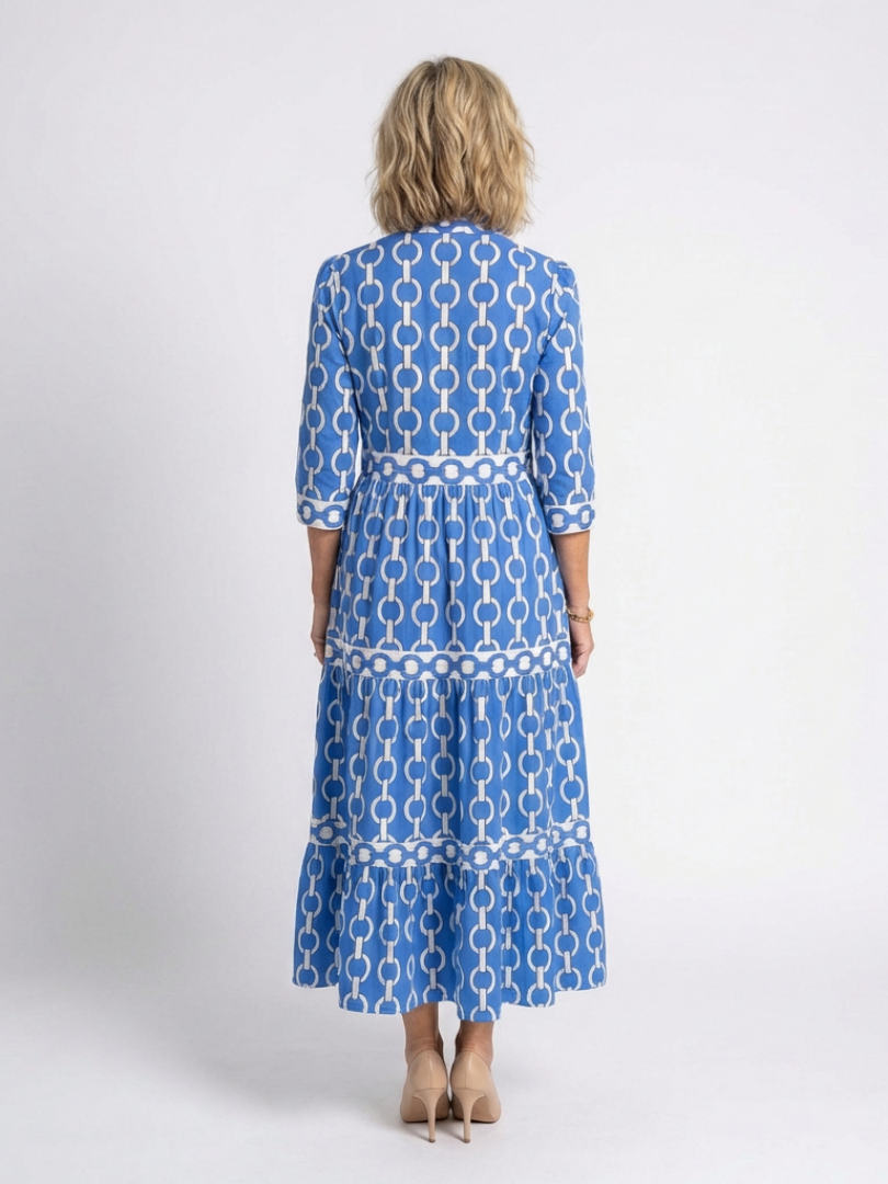 Octavienne | Women's Chain Print 3/4 Sleeve Midi Dress - Blue - Image 3