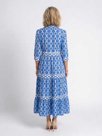 Octavienne | Women's Chain Print 3/4 Sleeve Midi Dress - Blue - Image 3
