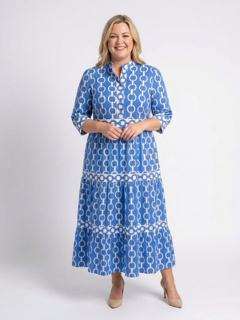Octavienne | Women's Chain Print 3/4 Sleeve Midi Dress - Blue - Image 4