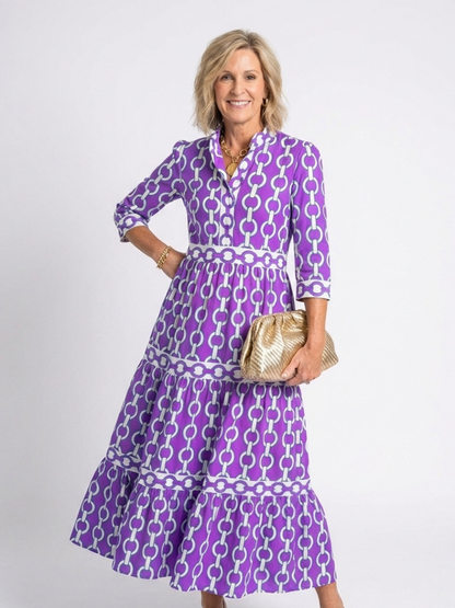 Octavienne | Women's Chain Print 3/4 Sleeve Midi Dress - Blue - Image 5