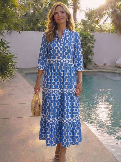 Octavienne | Women's Chain Print 3/4 Sleeve Midi Dress - Blue - Image 6
