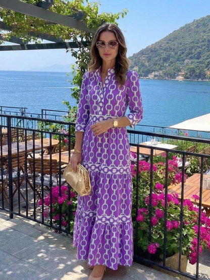 Octavienne | Women's Chain Print 3/4 Sleeve Midi Dress - Blue - Image 7