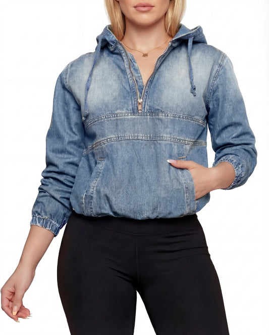 Casual Women's Denim Hoodie with Pockets and Long Sleeves