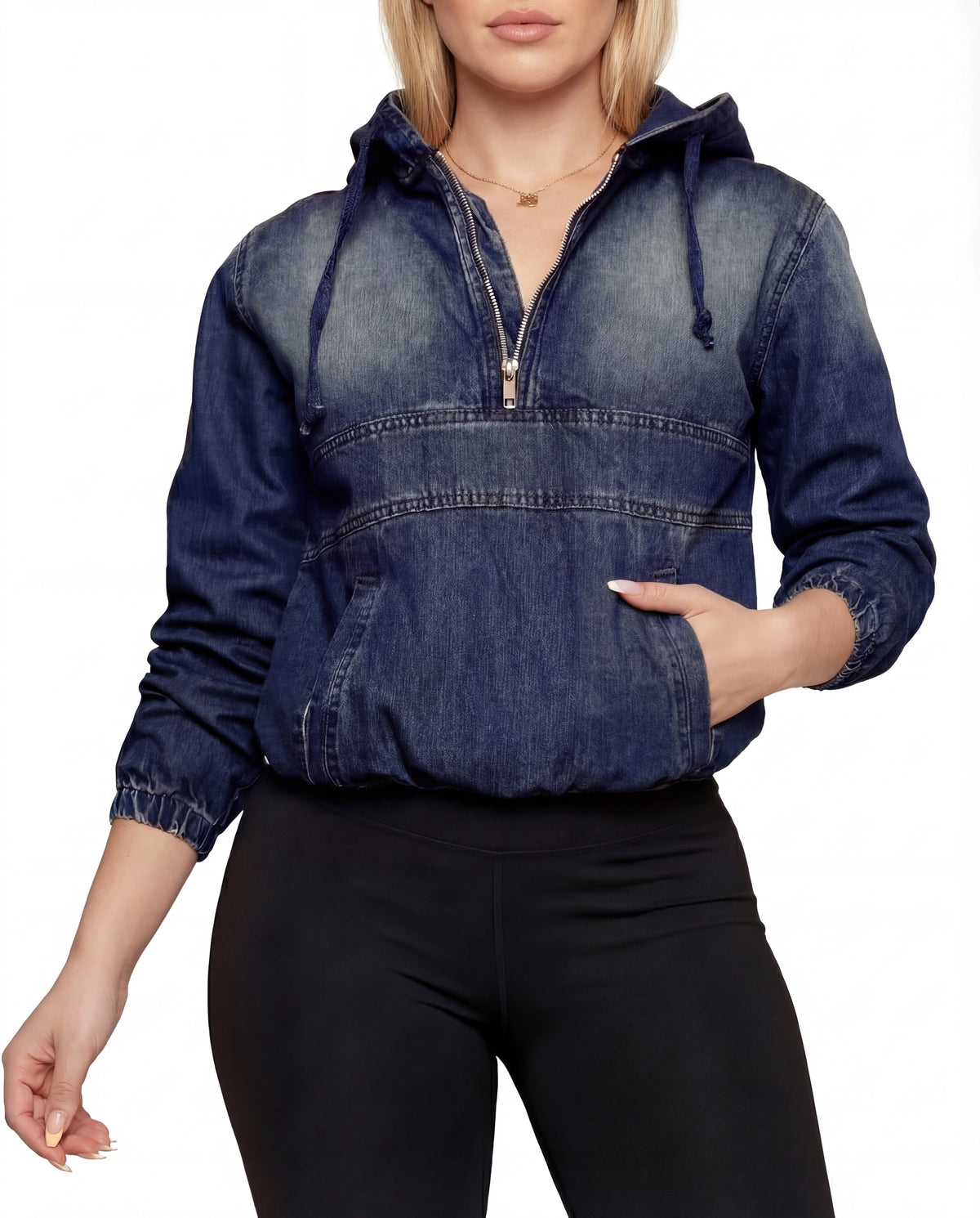 Casual Dames Denim Hoodie Met Zakken En Lange Mouwen