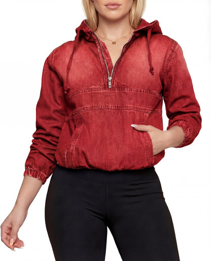 Casual Dames Denim Hoodie Met Zakken En Lange Mouwen
