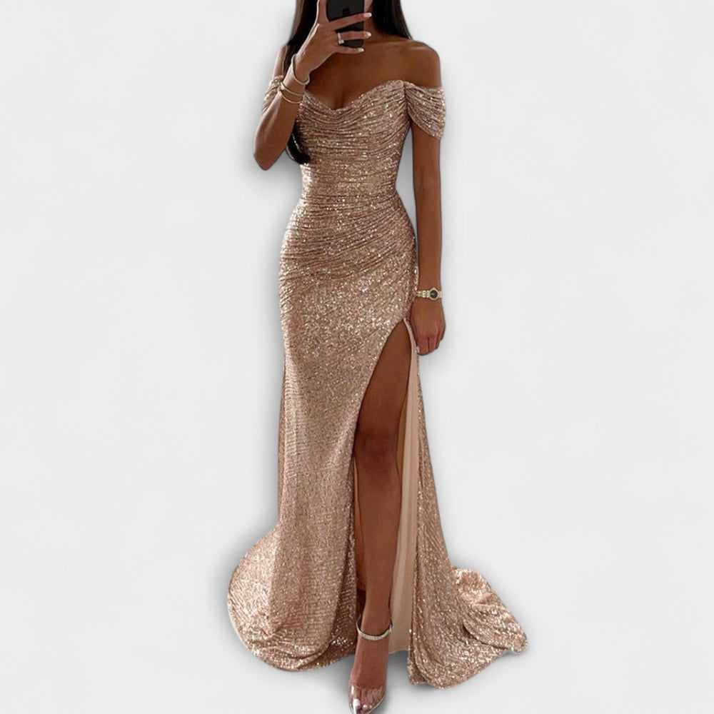 Elegante Pailletten Dames Maxi Jurk met Off-Shoulder Hals en Split