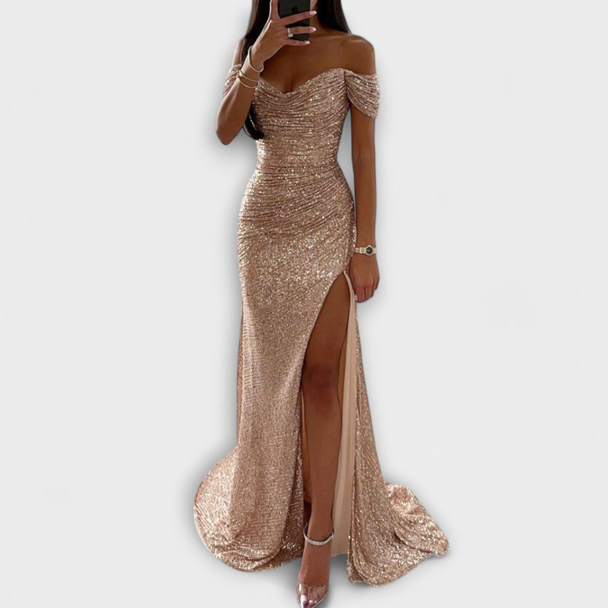 Elegante Pailletten Dames Maxi Jurk met Off-Shoulder Hals en Split