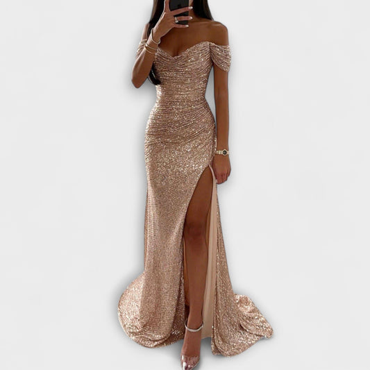Elegante Pailletten Dames Maxi Jurk met Off-Shoulder Hals en Split