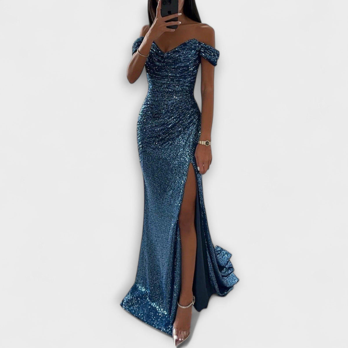 Elegante Pailletten Dames Maxi Jurk met Off-Shoulder Hals en Split