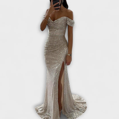 Elegante Pailletten Dames Maxi Jurk met Off-Shoulder Hals en Split