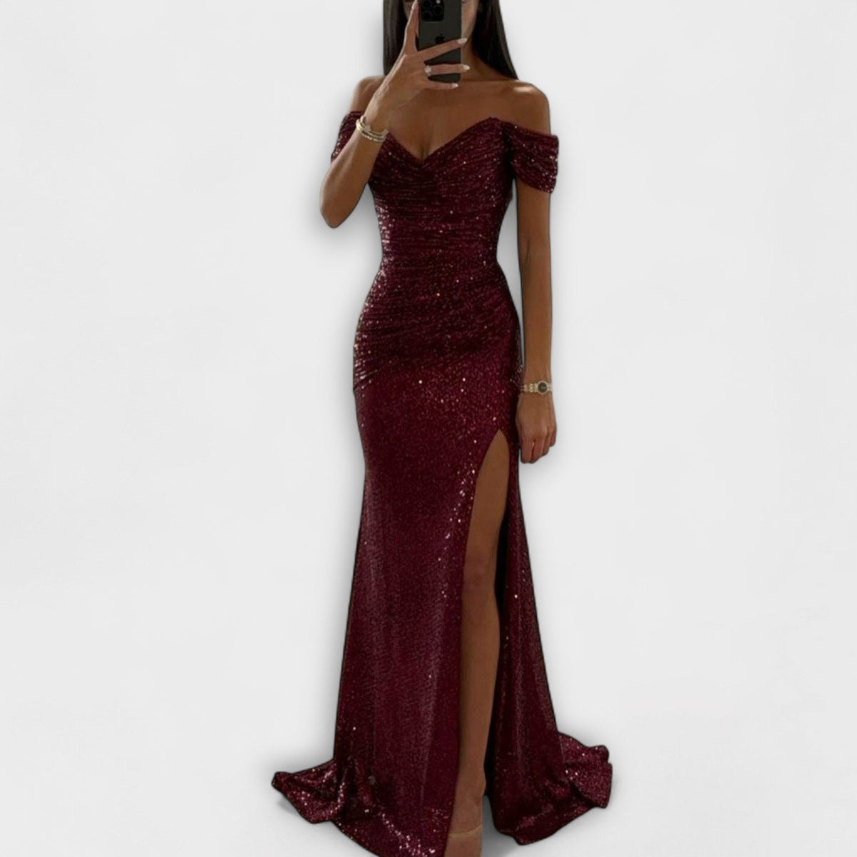 Elegante Pailletten Dames Maxi Jurk met Off-Shoulder Hals en Split