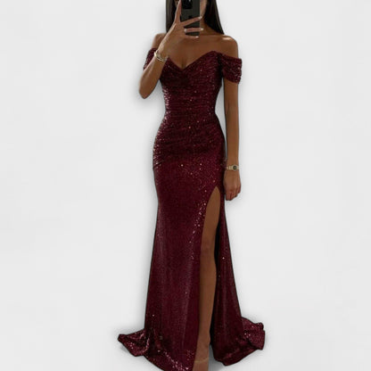 Elegante Pailletten Dames Maxi Jurk met Off-Shoulder Hals en Split
