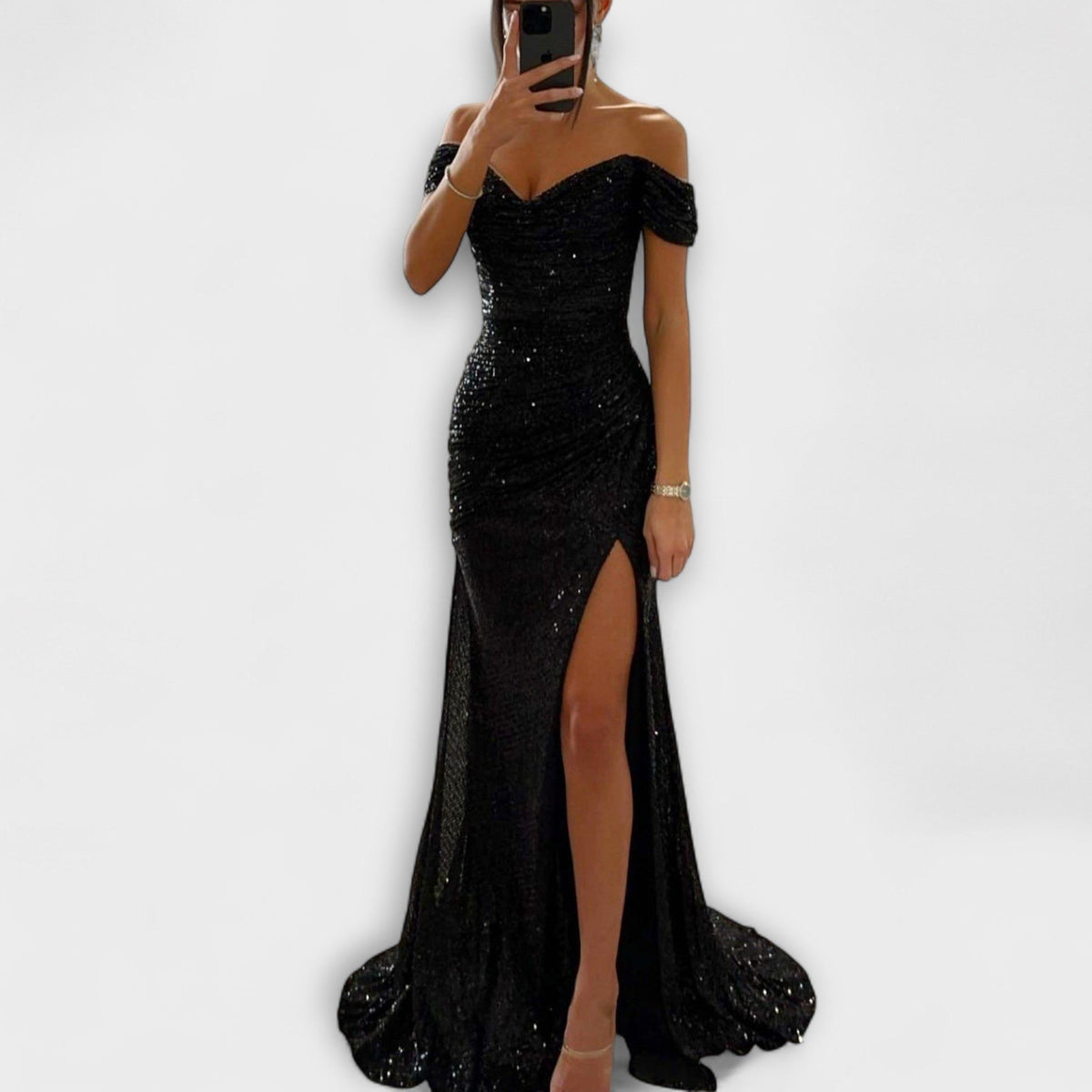 Elegante Pailletten Dames Maxi Jurk met Off-Shoulder Hals en Split