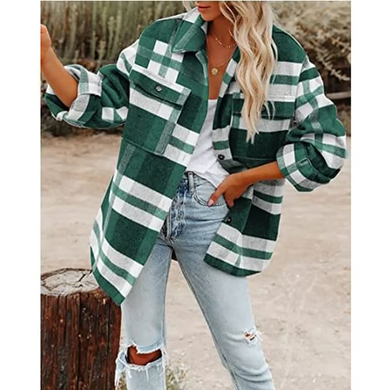 Oversized Dames Wollen Jas met Ruitpatroon en Zakken