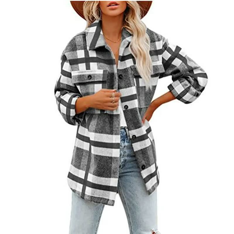 Oversized Dames Wollen Jas met Ruitpatroon en Zakken